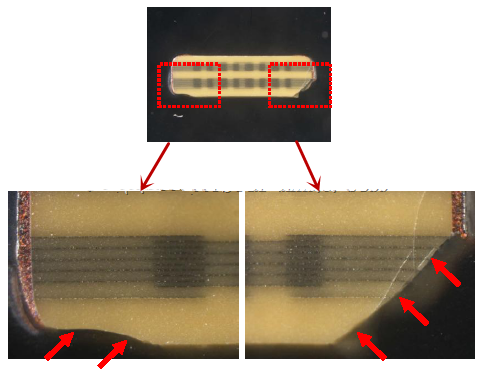 從破裂的現(xiàn)象與電容廠商切片的照片看來，破裂的痕跡從端接處以斜角裂開，電容零件的確像是機(jī)械外應(yīng)力所造成的破裂。