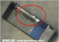使用錫(Sn)鍍層的電源電感器(Power Inductors)，經(jīng)過推力測試后，其焊點還保留在零件的端點上，所以推力比較高。
