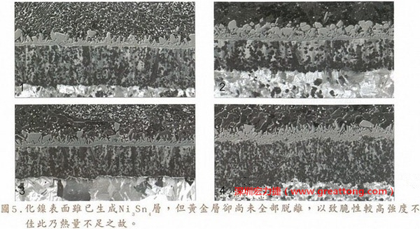 下面四圖顯示，當焊接的熱量不足或未持續(xù)時，雖然Ni3Sn4的薄薄IMC層已經(jīng)生成而焊牢，但也會因為AuSn及AuSn2還未來得及逸走，而停留在共金介面附近，當有外力拉扯的時候，就很容易斷裂開來。這就是為何ENIG的焊點強度，始終不如銅面焊點(Cu6Sn5)來得更為牢固的主因之一。