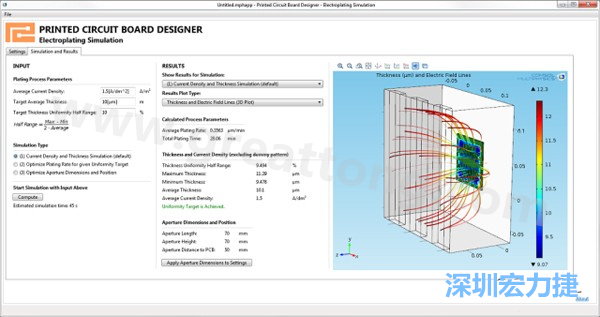 電鍍App的用戶界面。它支持PCB板設計人員上傳不同的設計，修改電鍍槽尺寸，以及加入特定尺寸的孔隙(可選)-深圳宏力捷