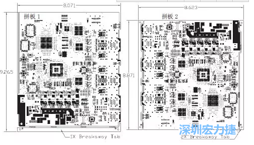 如圖7所示是使用不同數量邊條的拼板，拼板1僅使用了一個邊條，直接利用PCB另一邊作為SMT工藝傳送邊，并且PCB圖形中有合適的安裝孔；而拼板2則是按常規(guī)設計了兩個邊條。拼板方式為連接筋。圖中“Breakaway Tab”指邊條-深圳宏力捷