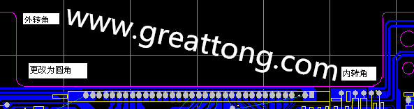 PCB設(shè)計(jì)時(shí)單面板的轉(zhuǎn)角都需為圓角，R1.0mm或R2.0mm為宜。