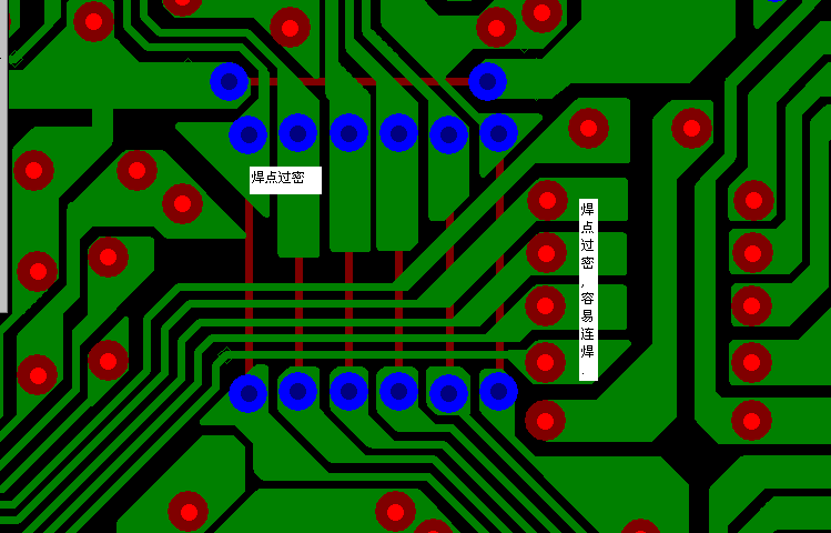PCB設(shè)計焊點過密，易造成波峰連焊，焊點間漏電