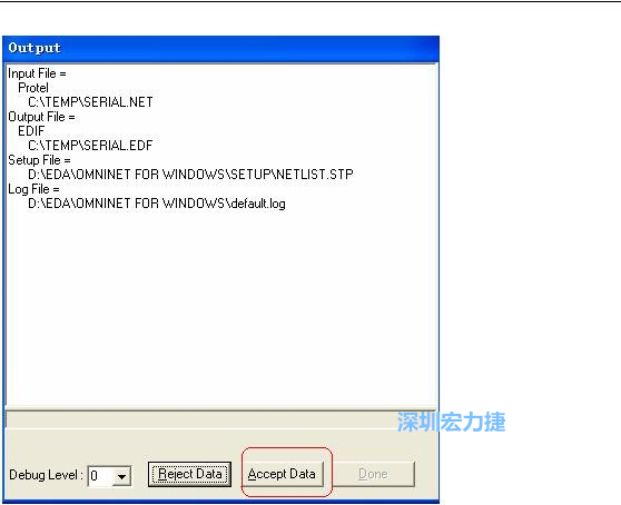 系統(tǒng)彈出一個(gè)輸出窗口，點(diǎn)擊 Accept Data。完成后點(diǎn)擊“確定”，再點(diǎn)擊“Done”關(guān)閉輸出窗口。退出 Omninet for Windows。