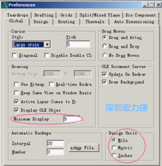 改單位Global→Design Units；改最小顯示線寬Global→Drawing