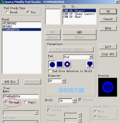 分析文件完成后，點擊菜單Setup→Pad Stacks調出焊盤堆設置窗口，將Pad Stack Type改為Via
