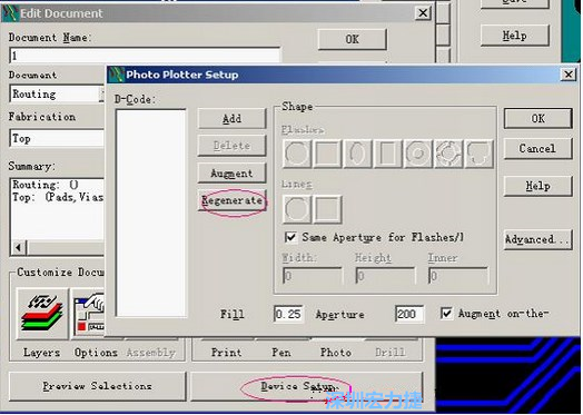 當Gerber和鉆孔都設置完后，選擇一貼片元件較多的層（一般為Top層），點擊Device SetupPhoto，將 Plotter Setup窗口D-Code欄原有的D碼刪除并按Regenerate重新生成