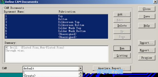 回到Dsfine CAM Documents窗口 ，將所有須輸出的文件用鼠標拉住選擇，按Run輸出，默認輸出路徑是安裝目錄的\CAM\default，也可按CAM的Create更改