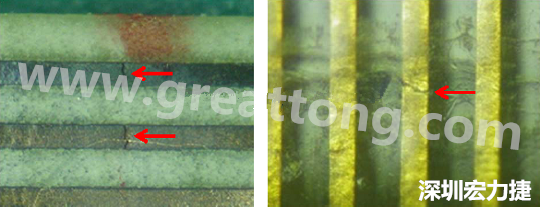 一旦找到確切的銅箔線路斷裂位置，如果還是無(wú)法觀察到斷裂的現(xiàn)象，就試著在顯微鏡下彎曲該位置的軟板，這樣就可以突顯并放大斷裂銅箔的開(kāi)口了。 