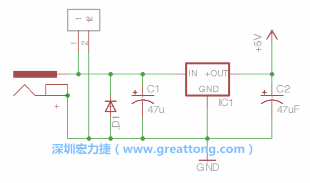 2.5.    新增一個二極體，它會以水平的狀態(tài)出現(xiàn)在屏幕上，請使用「旋轉(zhuǎn)（Rotate）」工具把它負(fù)極那一面朝上，并且用「網(wǎng)絡(luò)連接」工具將它連接在電壓調(diào)整器的輸入端和接地端之間。