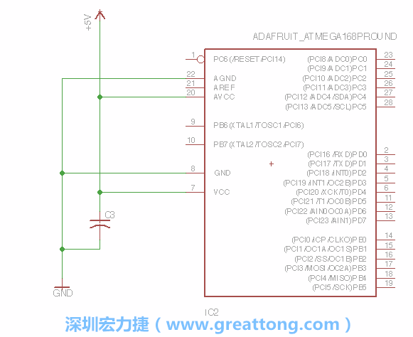 3.1.    新增微控制器晶片（RBBB → ATmega），把它放在電路原理圖的中央附近，把它的兩個(gè)接地接頭連接到接地訊號(hào)端。
