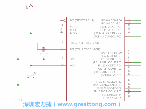 3.2.    在靠近ATmega的電源供應(yīng)針腳7的位置放置一個(gè)0.1μF的電容，將它分別連接電源、接地端和針腳7。