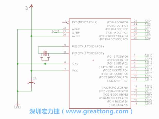3.3.    將共鳴器（resonator）放置在針腳9和針腳10附近，將它的三個(gè)針腳連接如圖所示，并確認(rèn)最中間的針腳有連到接地端。