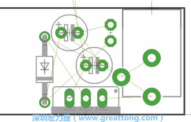 如同第一篇的步驟，我們將從電源迴路開(kāi)始著手，移動(dòng)電源插座（Power Jack）、電壓調(diào)整器、二極體、兩個(gè)電容和輔助接頭JP1到如上圖所示的位置。