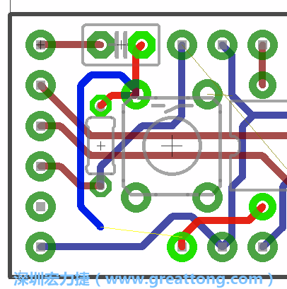 要在電路板正面進(jìn)行+5V信號(hào)線連結(jié)和其他連結(jié)點(diǎn)的布線工作是非常容易的，而重置信號(hào)線（信號(hào)線用來(lái)連結(jié)電路板正面左邊的重置開(kāi)關(guān)）需要經(jīng)過(guò)一個(gè)可以通過(guò)電路板正反兩面的電路通道，這個(gè)通道是一個(gè)可以讓電路板正反兩面線路連接的一個(gè)小孔。