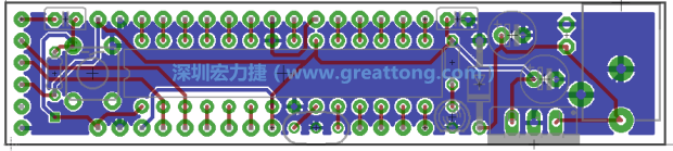 第二篇文章則帶領(lǐng)你進(jìn)行電路板上的布線、連結(jié)點(diǎn)的配置，并利用「設(shè)計(jì)規(guī)則檢查（Design Rule Check）」測(cè)試你的設(shè)計(jì)，第二篇文章的電路板設(shè)計(jì)圖將如下所示：