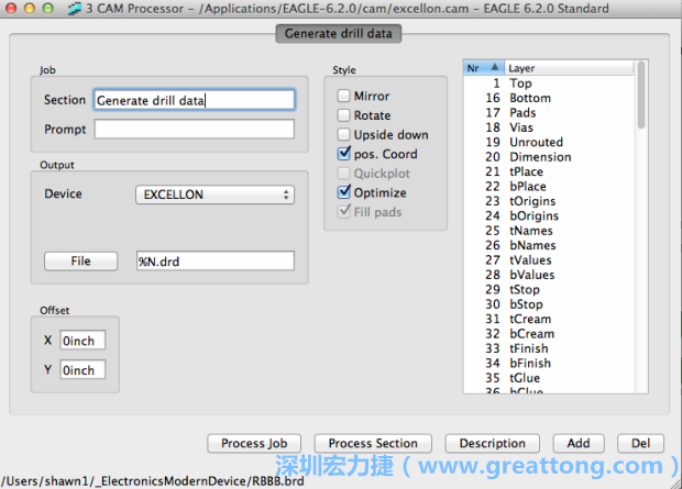 打開「excellon.cam」的工作項(xiàng)目并建立drill文件（副檔名為「.dri」和「.drd」），之后你只會(huì)用到「.drd」的文件檔；「.dri」的文件只是解釋用資料（所謂后設(shè)資料）而已。