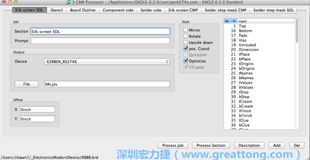 假如你有匯入點(diǎn)陣圖圖層（抑或是有某個(gè)圖層是你不想要它們出現(xiàn)在絲印上的），請(qǐng)?jiān)俅未_認(rèn)標(biāo)簽列下面被指定的圖層都是正確無(wú)誤的。