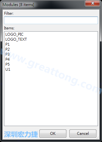 從目前正在編輯的PCB載入Module， 會顯示有那些項目可載入。點選一個， OK后即完成載入