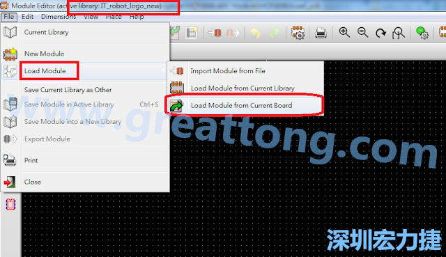 進入Module Editor去載入其他Footprint(Module)進來， 從目前的Active library (不過要先選取一個Current library ) 載入Module 或從目前正在編輯的PCB載入Module。