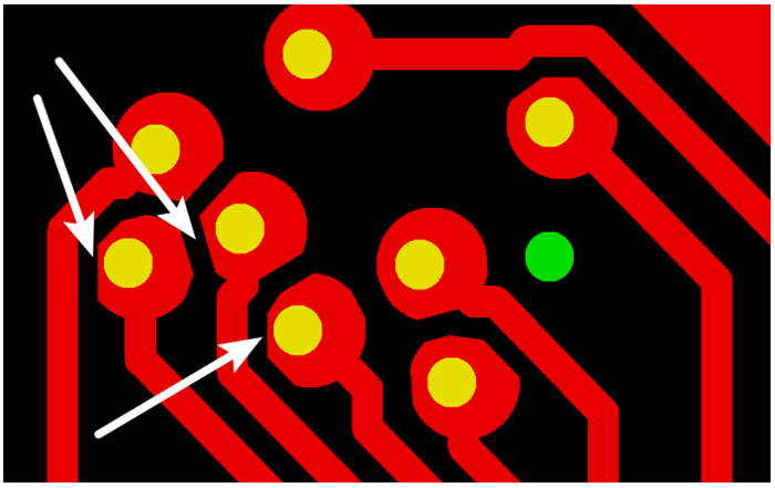 按源文件文件數(shù)據(jù)計(jì)算，孔邊緣到線邊緣6mil，孔環(huán)4mil，環(huán)到線只有2mil，保證環(huán)到線之間有3mil的安全間距需削1mil焊環(huán)，削后焊盤(pán)只有3mil