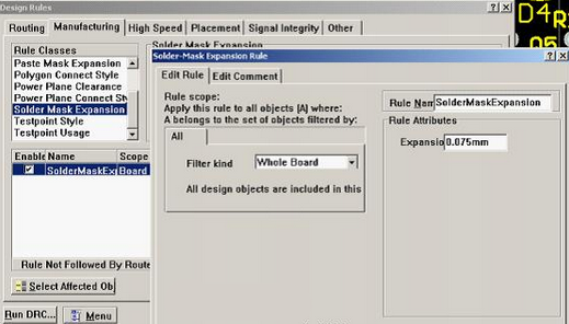 5. 而對于阻焊的調(diào)整則可以通過按D、R調(diào)出[Manufacturing]制作設(shè)計規(guī)則的[Solder-Mask Expansion Rule]設(shè)置項直接設(shè)定單邊放大值