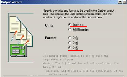在上圖中選擇“Inches 2：5”，以確保資料精度，反之線寬、線距或孔有偏移現(xiàn)象