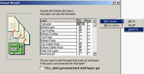 按“Next”，點擊“Menu”將Plot Layers置為Used On，Mirror Layers置為All Off后按“Next”